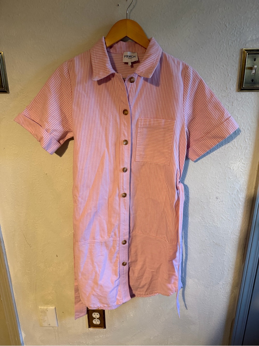 FRNCH Pink Striped Short-Sleeve Button-Front Shirt Dress